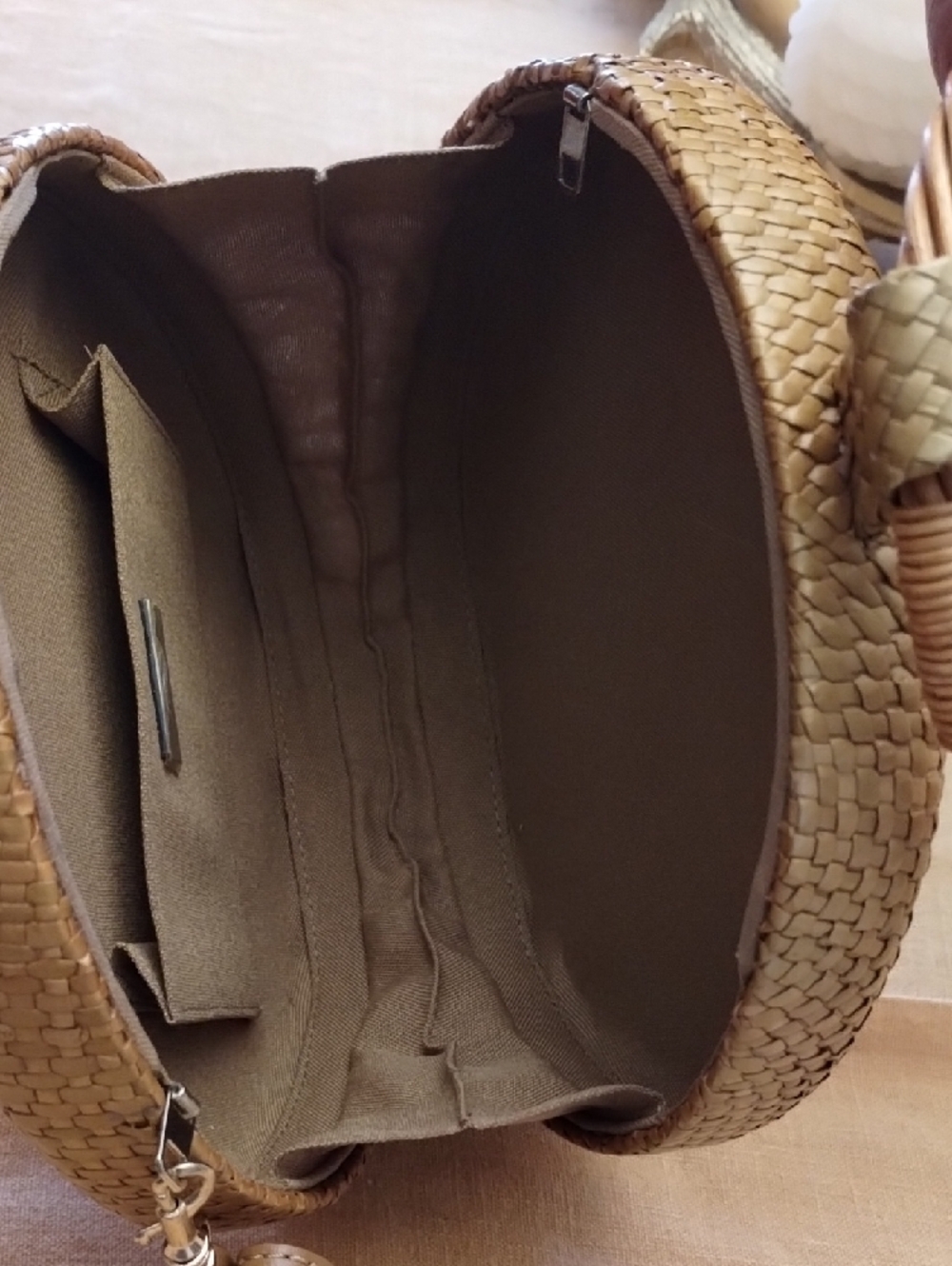 Woven Round Straw Handbag with Ring Handles - Natural - Picture 3 of 7
